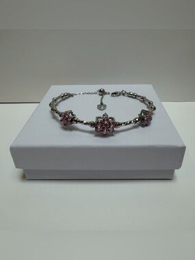 Stunning Silver Bracelet with Pink Flowers NWOT